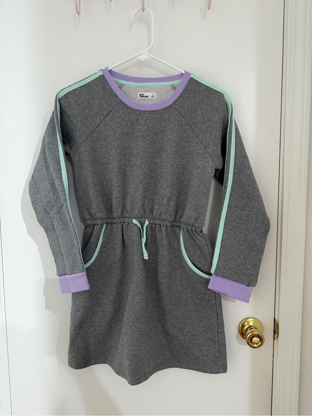 Girls Grey Sweatshirt Dress with Mint & Lavender Trim
